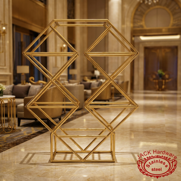Stacked rhombus display stand at upscale hotel event space golden lighting marble floor