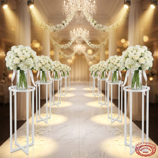 Multiple white ring stands as hotel banquet aisle decorations with floral arrangements
