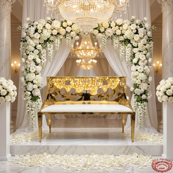 Gold perforated loveseat bench at wedding reception sweetheart seat florals chandeliers marble