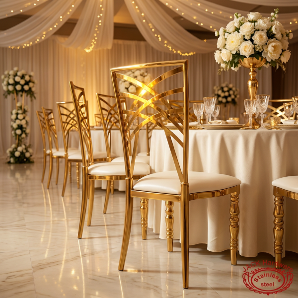 Gold radial arc backrest chair 45 degree back view ornate arc bar pattern wedding event
