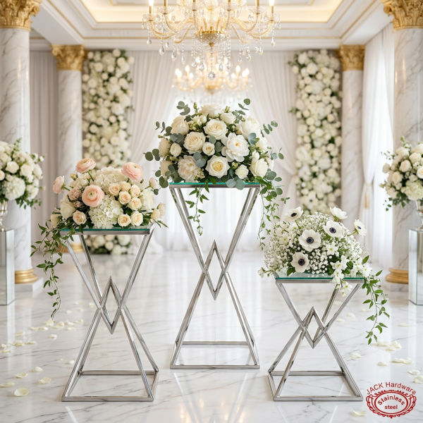 Silver geometric X-cross frame 3-piece stands at wedding floral display roses chandeliers