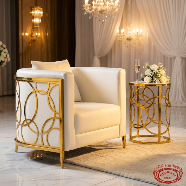 Gold ring frame sofa set hotel suite wedding lounge 45 degree circular ring detail spotlights