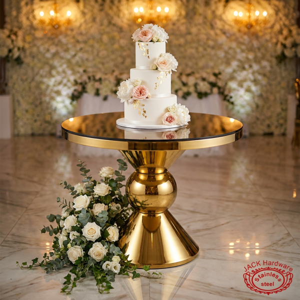 Gold hourglass ball sphere column cake table at hotel wedding reception 45 degree spotlights