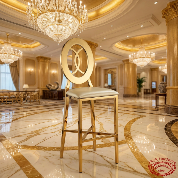 Gold O-ring bar stool at grand luxury hotel lobby bar marble columns crystal chandeliers gold lighting