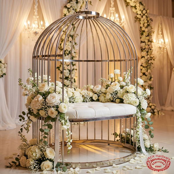 Silver birdcage swing at wedding venue bridal photo spot white florals 45 degree warm spotlights