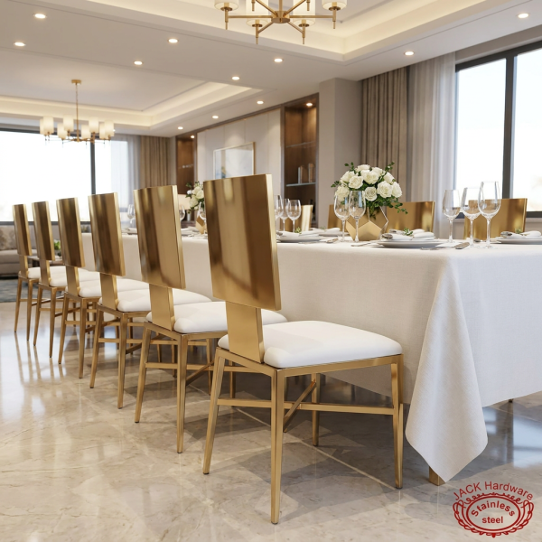 Modern square-back X-brace chairs at luxury hotel restaurant dinner table chandeliers cushions