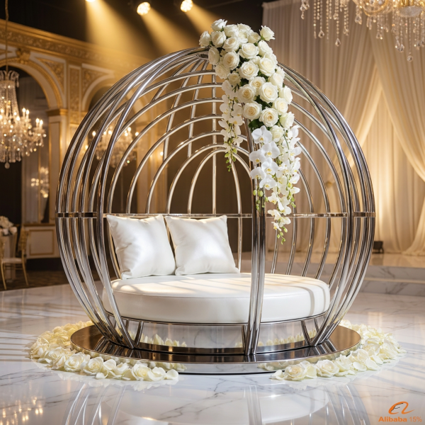 Silver birdcage sphere sofa wedding venue hotel suite 45 degree full cage structure art installation