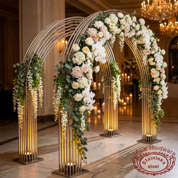 Silver fan arch as grand wedding venue entrance floral decorated warm golden lighting side view