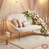 White oval sofa hotel bridal suite 45 degree bouclé texture warm golden light florals