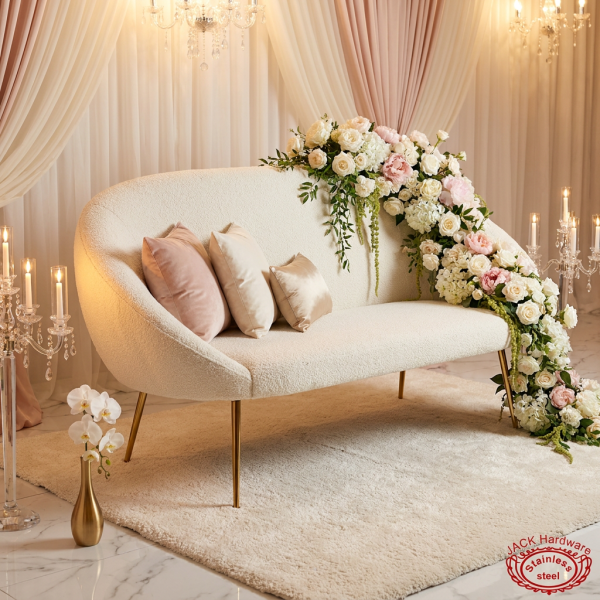 White oval sofa hotel bridal suite 45 degree bouclé texture warm golden light florals