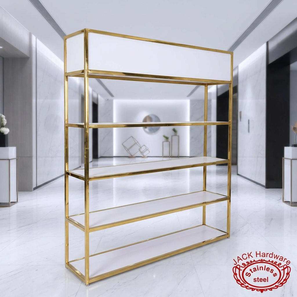 Gold white display rack at modern upscale hotel event clean marble contemporary