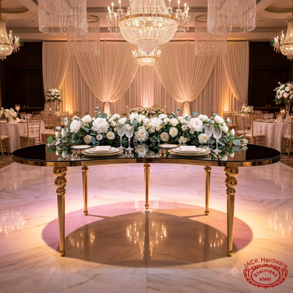 Gold ball-node round banquet table at hotel ballroom head table uplighting cascading rose garland marble