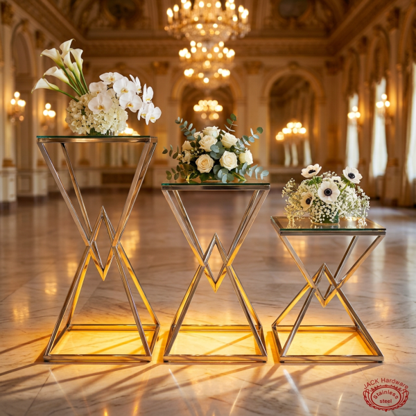Silver geometric X-frame 3 stands side view grand ballroom cascading staircase warm uplighting