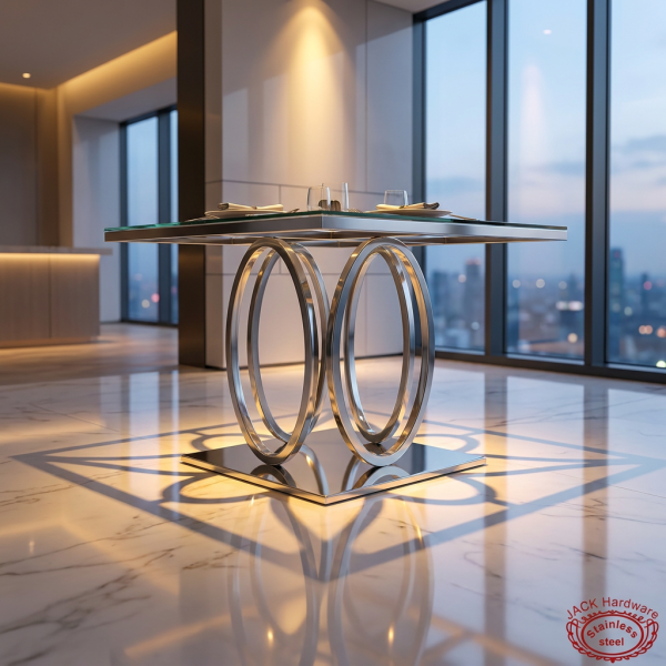 Silver oval ring intersection base table side view modern luxury hotel restaurant city view marble