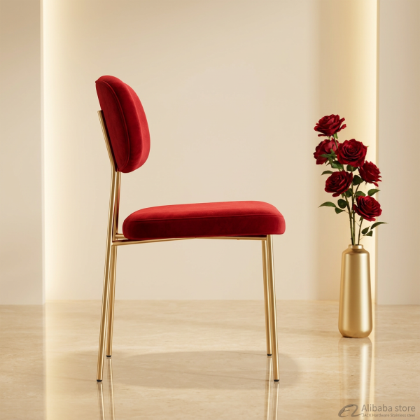 Red velvet floating backrest chair side view luxury interior red gold minimal silhouette warm