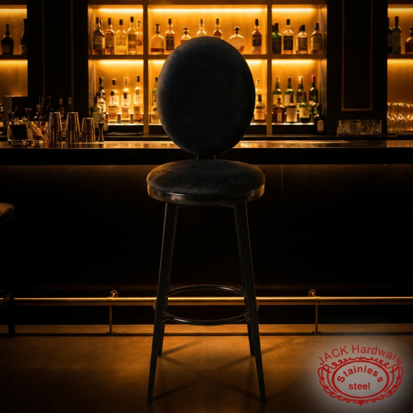 Black velvet round bar stool at luxury hotel bar dark moody amber backlit bottle shelves