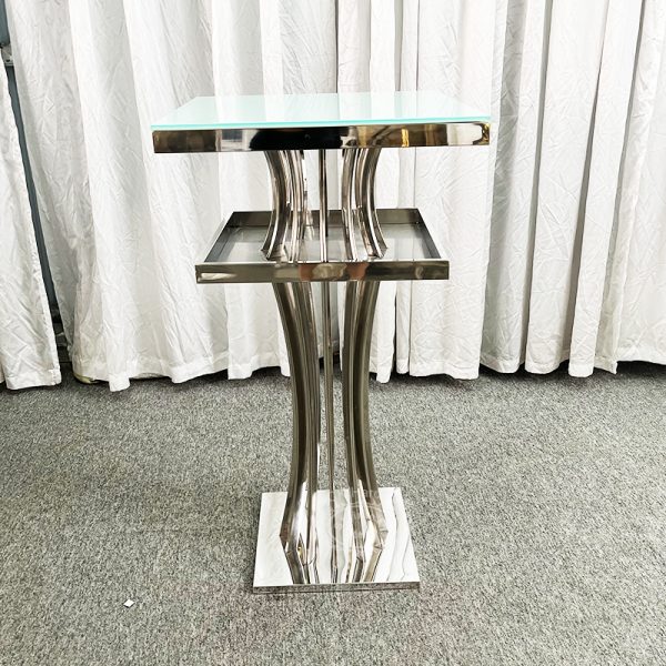 WENDING silver double-tier square bar display stand arc leg glass top hotel service table