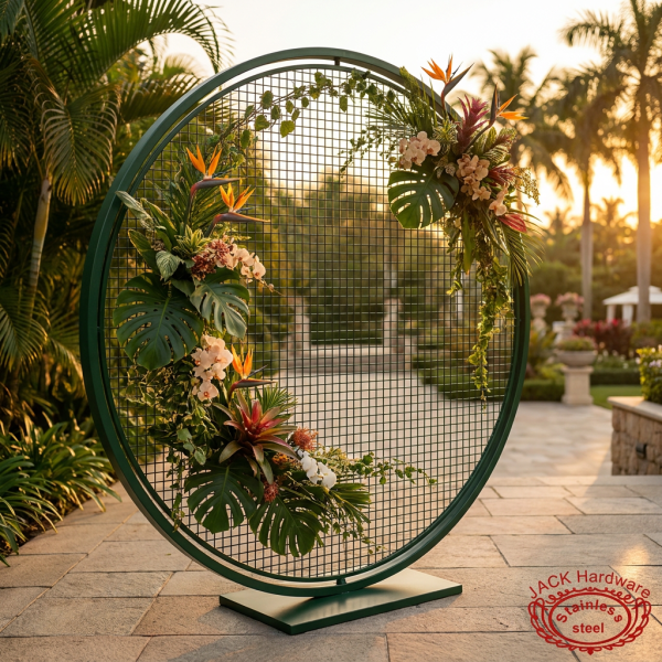 Dark green circle mesh arch at hotel garden terrace tropical monstera bird of paradise sunset