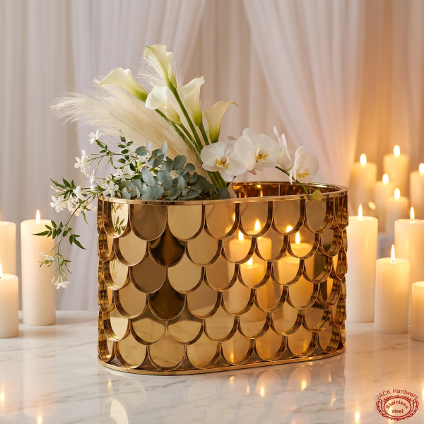 Gold fish-scale rectangular vase side view wedding reception candlelight warm shimmering scales