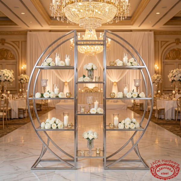 Silver large circle frame display rack at grand wedding reception ballroom candles roses chandeliers