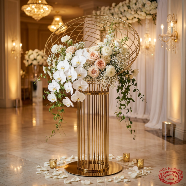 Gold oval lattice ball top cage column stand hotel wedding 45 degree warm spotlights detail