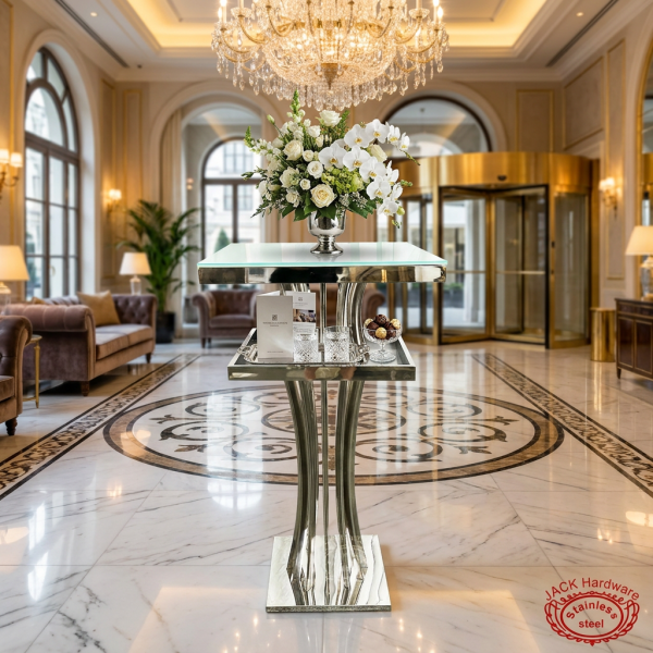 Silver double-tier square display stand at grand luxury hotel lobby marble chandelier VIP reception