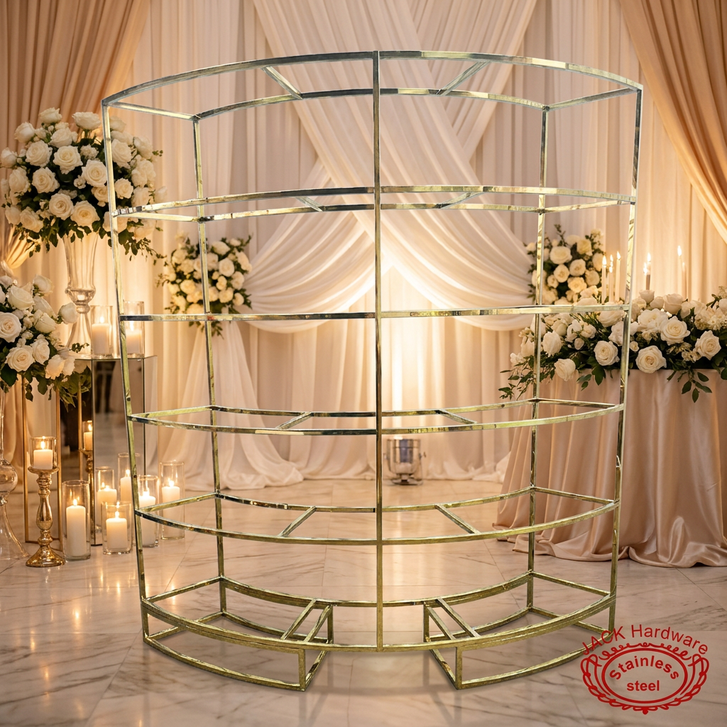 Gold semi-circular wine rack at luxury wedding banquet hall with white roses