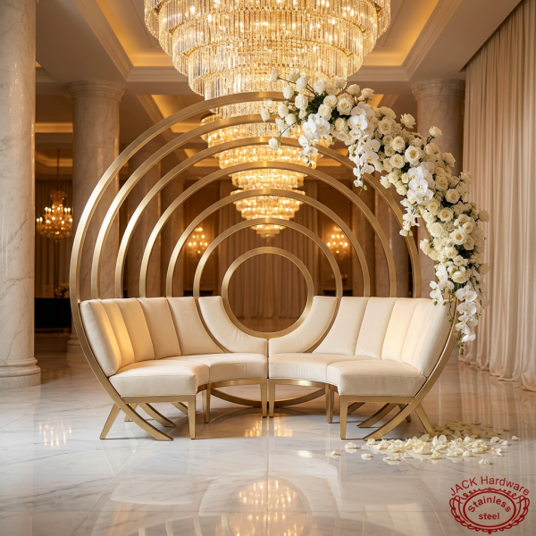 Gold concentric ring Saturn sofa at grand luxury hotel lobby art installation chandeliers marble