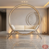 Large circular globe sofa side view luxury interior ring light halo warm golden uplight marble