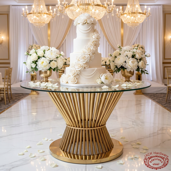 Gold radial tube burst base cake table with tiered wedding cake roses chandeliers marble