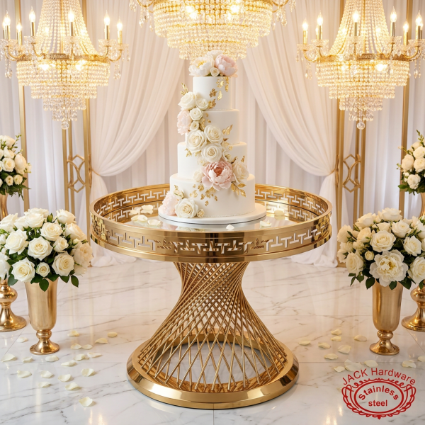 Gold spiral woven column Greek key rim cake stand with tiered wedding cake fretwork border chandeliers