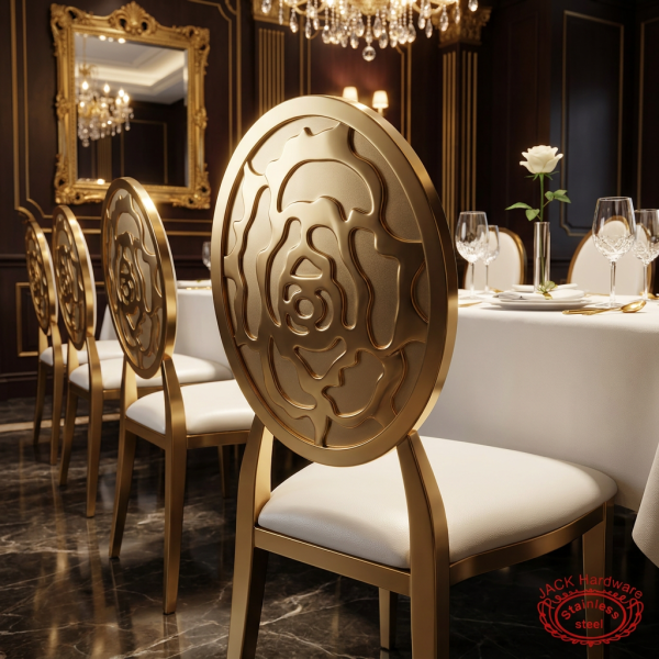 Gold round rose backrest dining chair hotel restaurant 45 degree embossed rose relief detail
