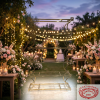 Gold wave column display rack at outdoor evening garden wedding fairy lights romantic floral
