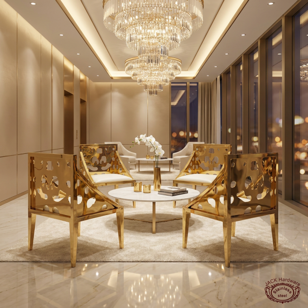 Gold perforated circular hole armchairs at modern luxury hotel lounge chandeliers marble