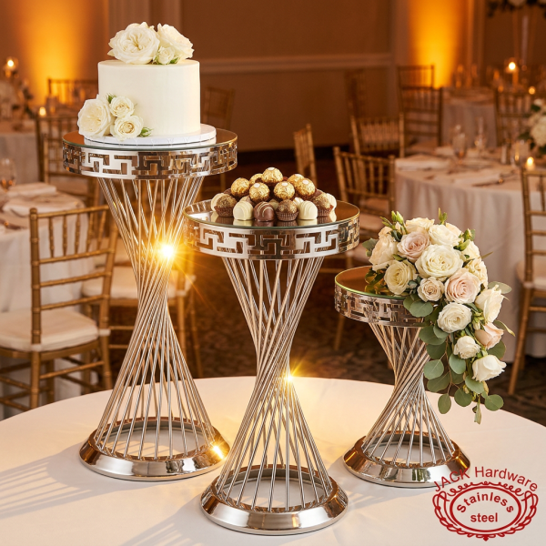 Silver spiral lattice column stands at hotel wedding reception desserts gold spotlights 45 degree