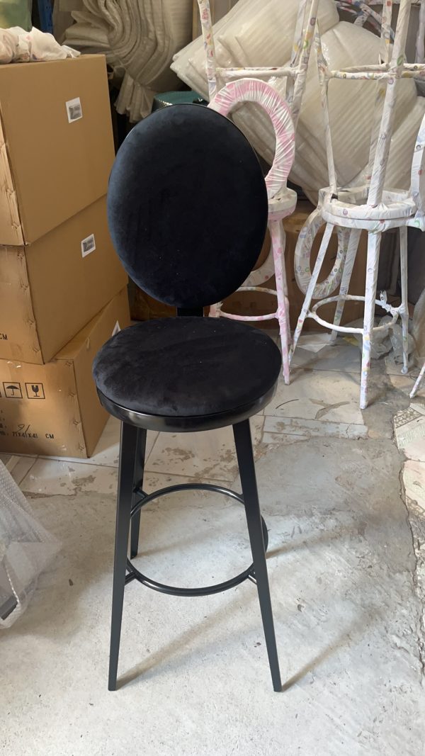 WENDING all-black velvet round seat back high-top bar stool metal leg hotel bar chair