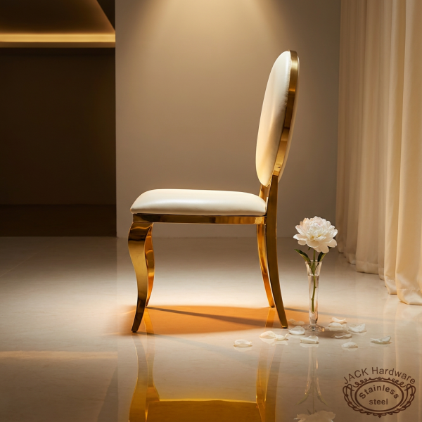Gold oval upholstered chair side view luxury event space cabriole silhouette warm ambient