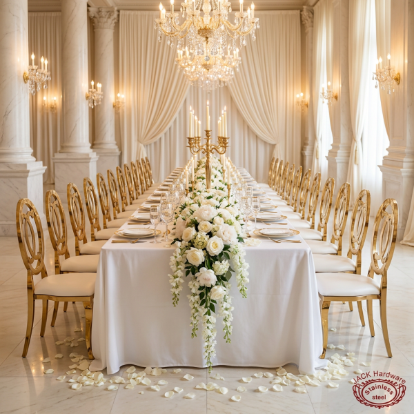 Gold oval cutout back chairs at grand wedding banquet hall dinner table chandeliers marble