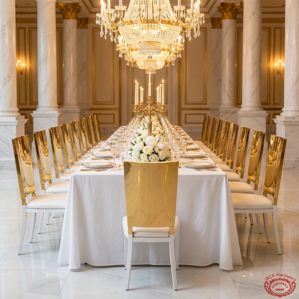 Gold mirror backrest white leg chairs at grand hotel banquet hall dinner table chandeliers