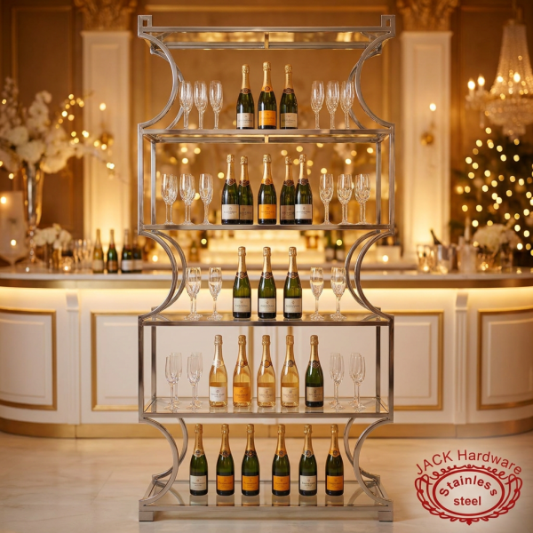 Silver 7-8 tier glass rack at luxury wedding champagne bar bottles crystal glasses golden lighting