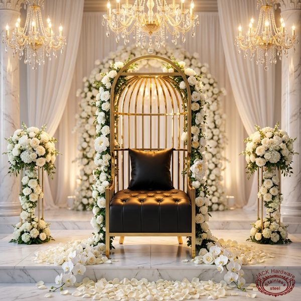 Gold birdcage throne chair at grand wedding venue dramatic focal point chandeliers marble