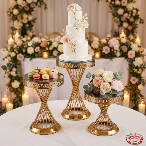 Gold 3-piece cake stand set at wedding dessert display tiered cake macarons floral bokeh candlelight