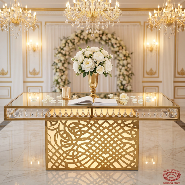 Gold rose-carved signing table at wedding entrance guest sign-in florals chandeliers crystals