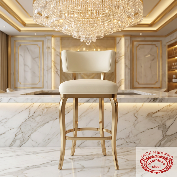 Gold upholstered bar stool at luxury hotel bar marble counter crystal chandelier