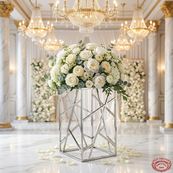 Silver crosshatch mesh square stand at wedding centerpiece white roses peonies chandelier shadow