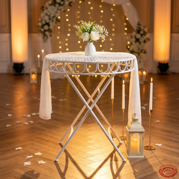 White iron garden table side view wedding venue candlelight vintage shadow X-cross legs romantic