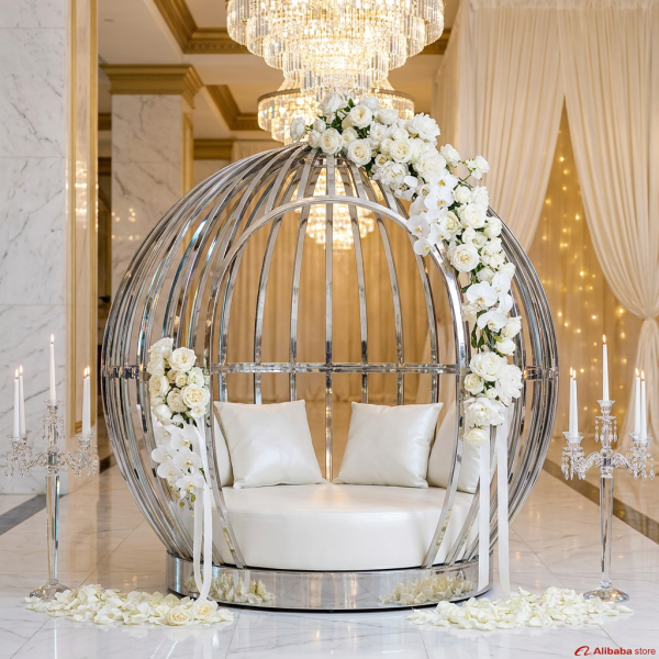 Silver spherical birdcage sofa at luxury hotel lobby wedding bridal zone chandeliers white florals