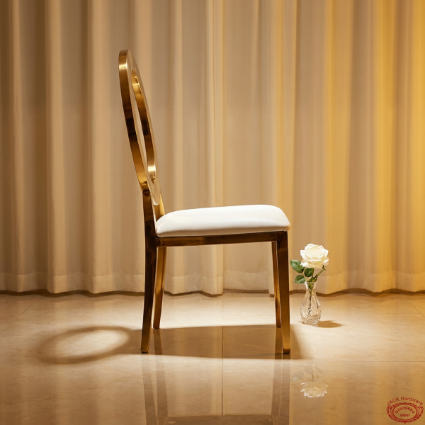 Gold circular O-ring chair side view luxury event circle backrest warm golden halo light marble