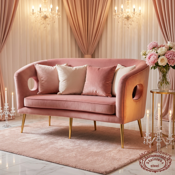 Rose pink velvet curved loveseat hotel bridal suite 45 degree open armrest cutout warm light