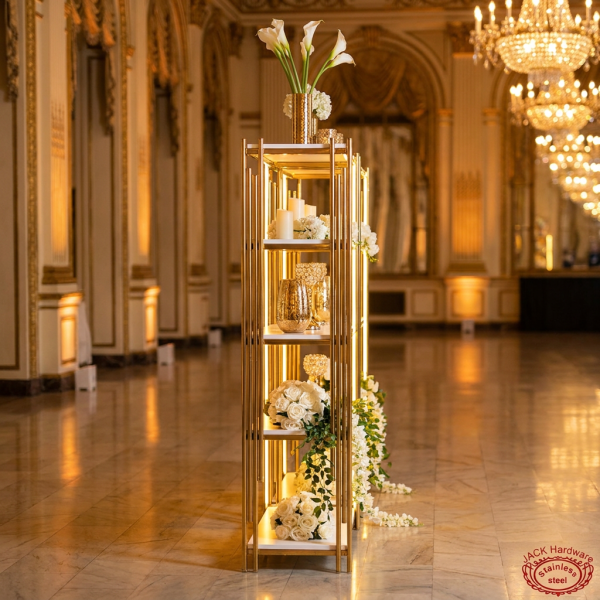 Gold multi-tier rack side view grand ballroom warm uplighting ladder shadow marble floors